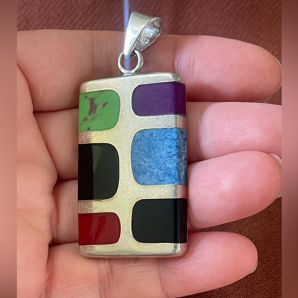 Colorful Sterling Silver Inlay Pendant Of Green Purple Red Black Blue Resin